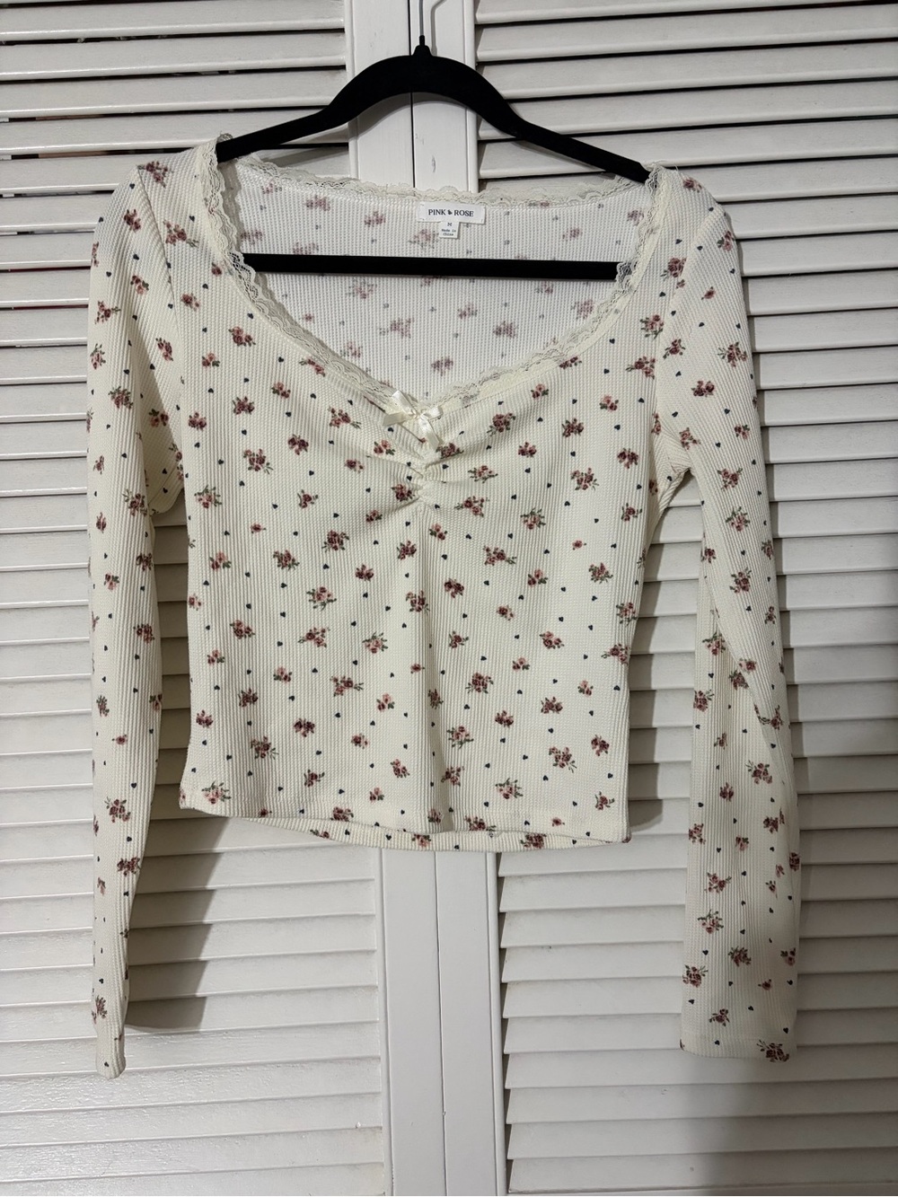 Pink Rose Cream Floral Ribbed Lace-Trim Long Sleeve Tee